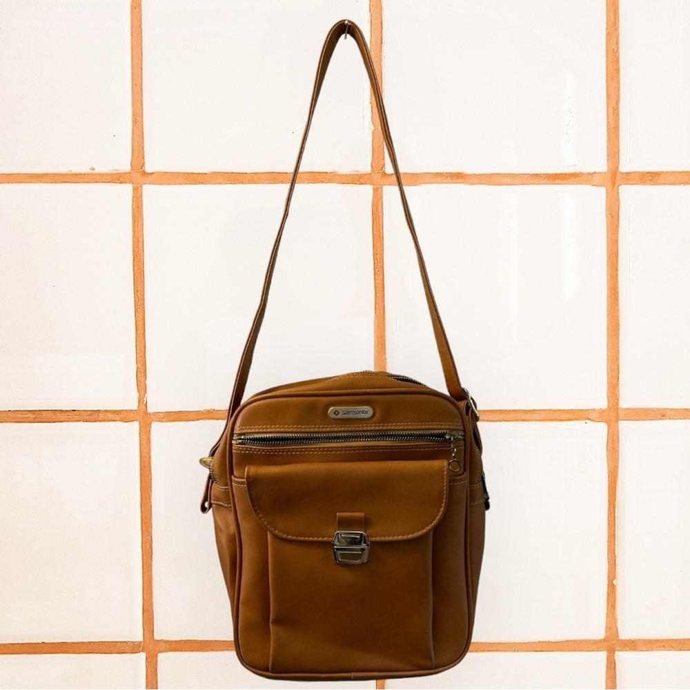 Vintage Samsonite  70's Travel Bag Camel Vinyl Shoulder Satchel Luggage
